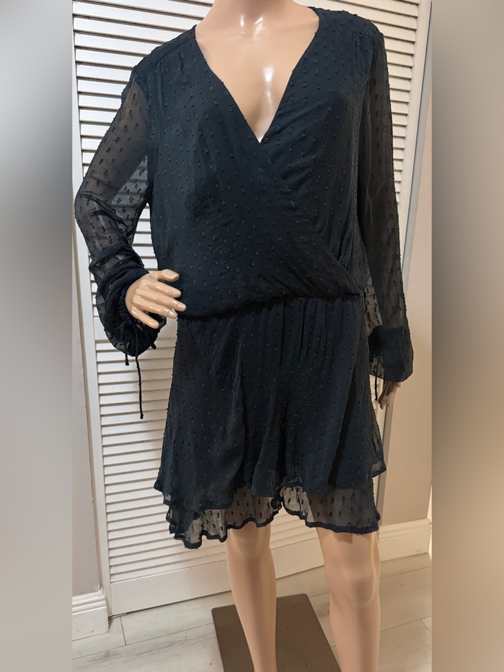 Free People Daliah Deep Navy Swiss Dot Surplice Mini Dress Size M